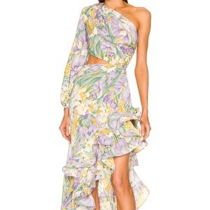 Bronx and Banco 1 shoulder asymmetrical ruffle gown size small floral print